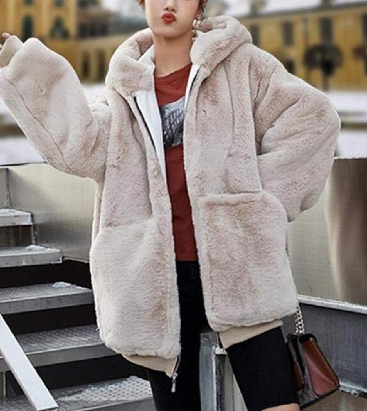 Fleece Jacket Winter Coats Women Thick Warm Faux Rabbit Fur Coats Solid Long Sleeve Hooded Soft Fluffy Oversized Outerwe