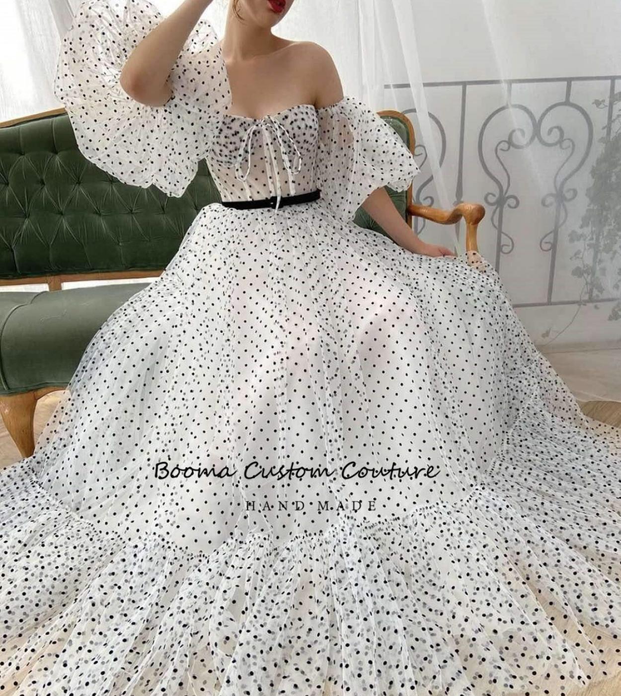 Polka Dots Tulle Prom Dresses Sweetheart Off The Shoulder Puff