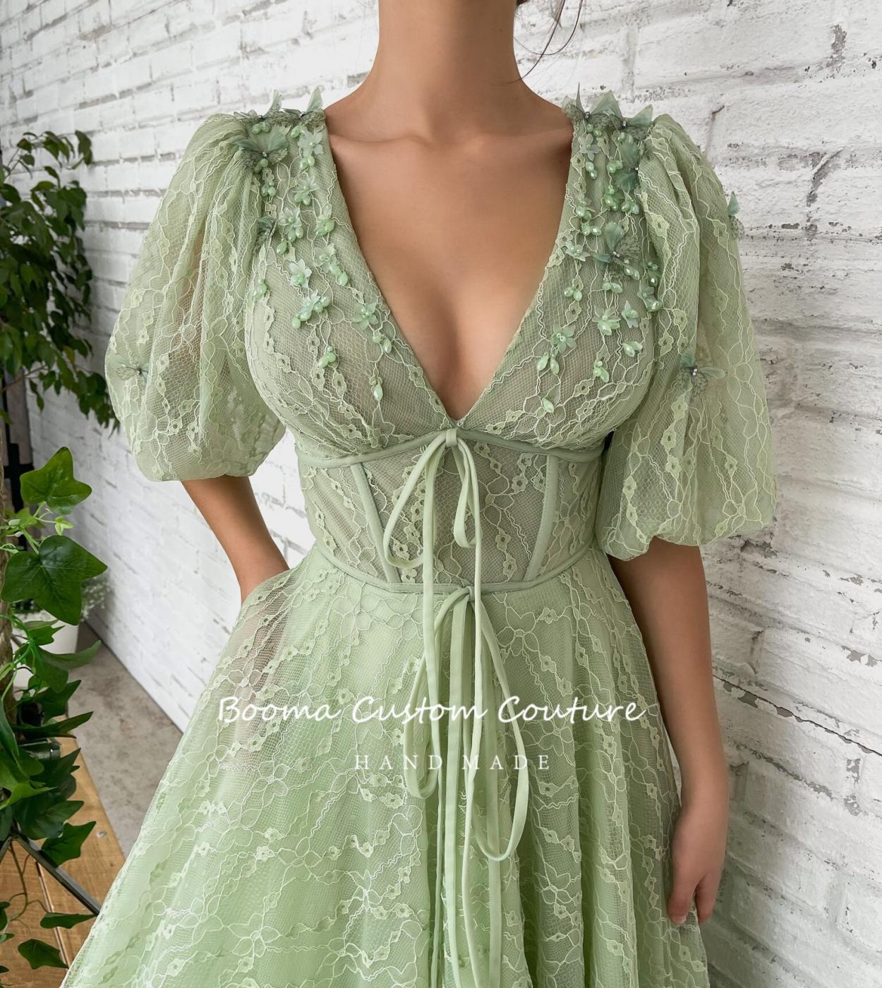 A Line V Neck Mint Green Lace Prom Dresses, Mint Green Lace Formal Evening  Dresses