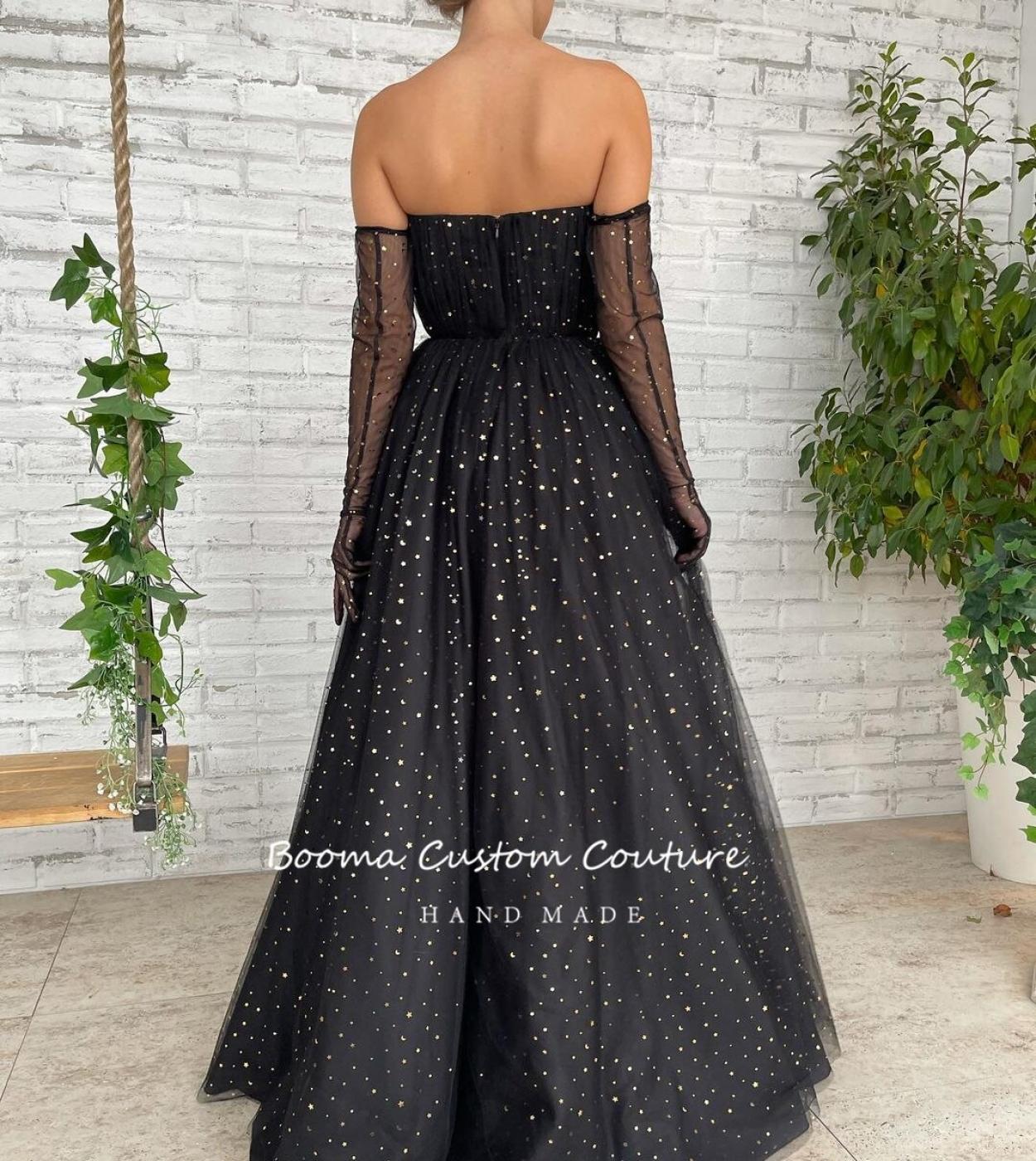 Booma Elegant Black Starry Tulle Prom Dresses With Cape Strapless