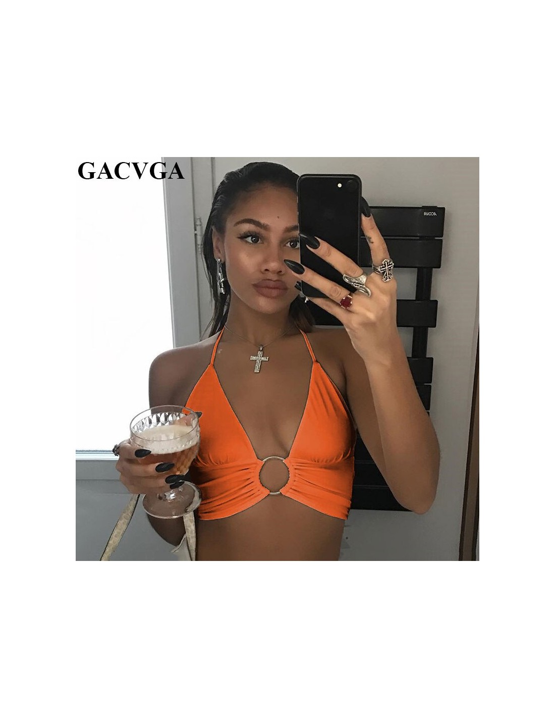 Gacvga Neon Halter Crop Top Women Camis Metal Ring Lace Up Backless  Bralette 2022 Party Club Off Shoulder Tops Summerca