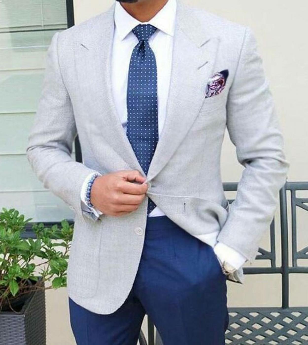 Chaqueta gris claro Pantalón azul Trajes de hombre Novio Blazers Hombres  Vestido Terno Masculino Ropa formal de boda 2 piezas c