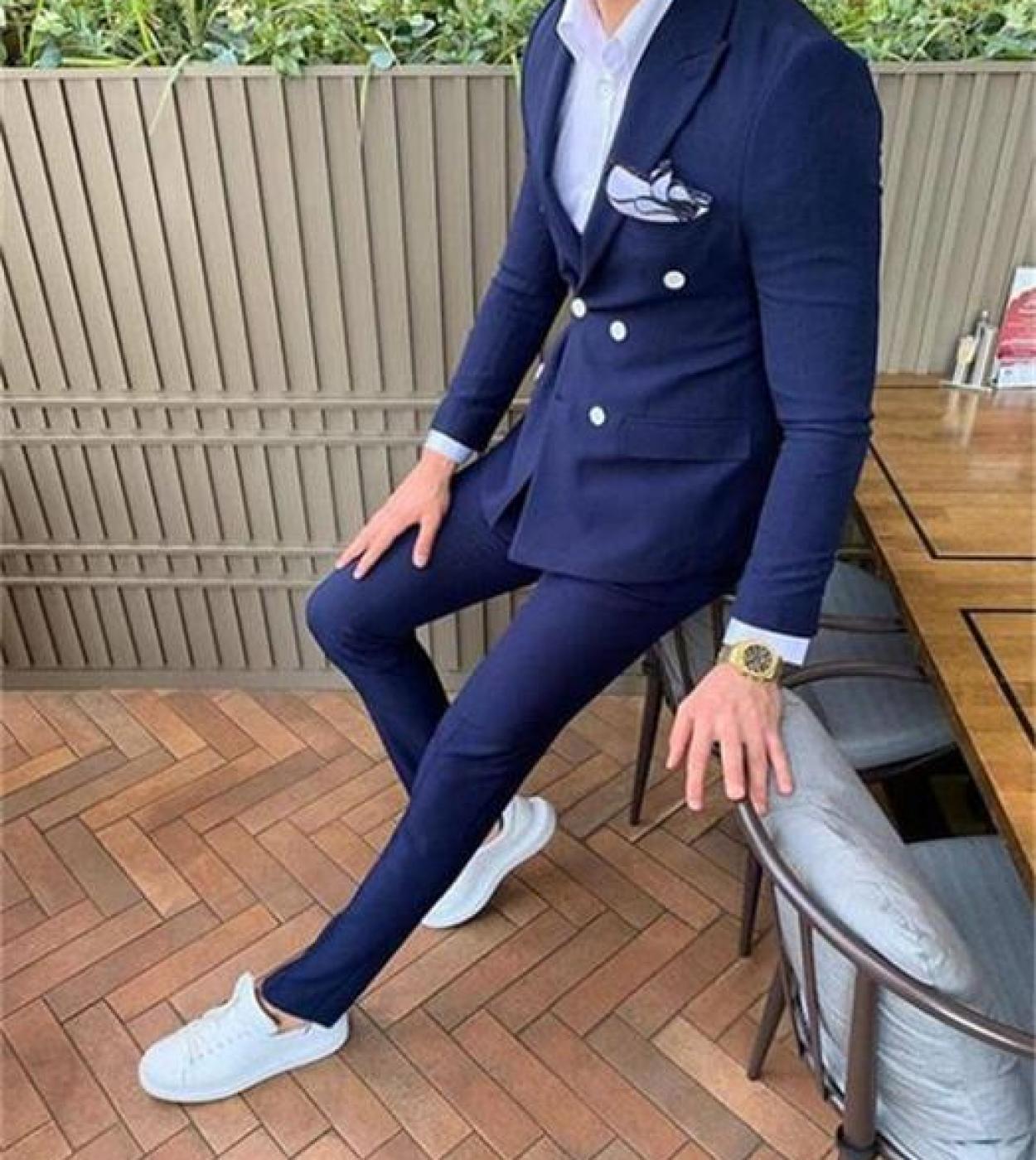 Dark Blue Hot Popular Summer Beach Men Suits Two Pieces Groomsmen Suits  Solid Color Men Wedding Prom Suits Jacketpantsu