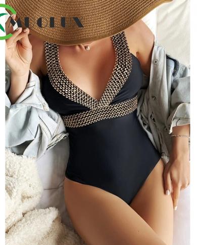 Muolux 2023 Women One Piece Swimwear  Deep V Neck Swimsuit Solid Stitch Detail Summer Bodysuits Beach Slimming Bathing S