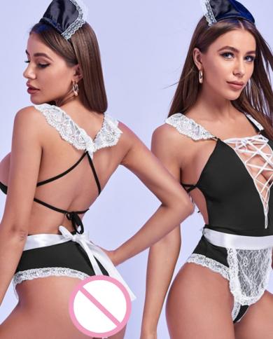 Cosplay Lingerie  Maid Outfit Lace Bondage Bodysuits  Hollow Perspective Underwear Porn French Apron Servant Costume