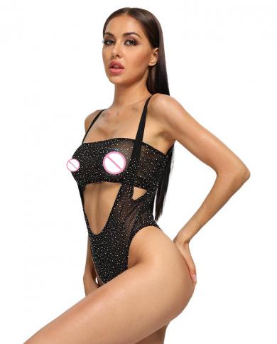  Bodysuit Rhinestone Two Piece Set Lingerie Hot  Mesh Hip Exposed See Through Bodysuits Flirting  Outfits For Womenteddi