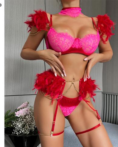 Ellolace Feather Lingerie See Through Bra Luxury Underwear Women Uncensored 6 Piece Special Light Lady Intimate Red Bra 