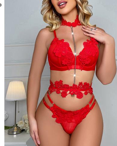 Ellolace Valentines Day Luxury Lace Lingerie Halter Fine Bilizna Set Fancy Underwear With Garters Seamless Intimate