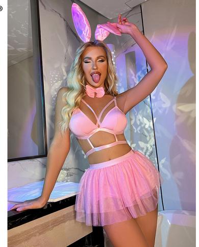 Ellolace Bunny Pink Lingerie  Bubble Skirt 5piece Bright Exotic Sets Lace Nightclub Underwear Pole Dancing Naughty Outfi
