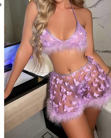 Ellolace Feather Lingerie Butterfly Underwear Women Transparent  Without Feeling Purple Thongs 3pieces Fancy Lace Intima