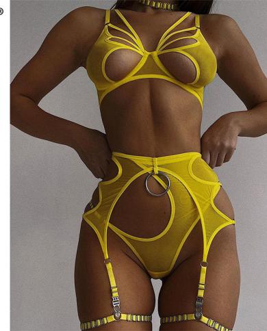 Ellolace  Lingerie Cut Out Bra  Brief Sets 4pieces Sensual Fancy Underwear Garters Gstrings Thongs Lace Exotic Set  Bra 