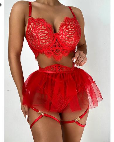 Ellolace Red Sensual Lingerie  Ruffle Lace Garters Exotic Costumes 3 Piece Hot  Underwear Porn Intimate Bilizna Setlinge