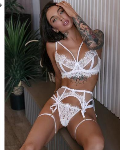 Ellolace Lingerie Lace  Underwear 4pieces White  Lingery Women Transparent Bra Panty Set Fancy Luxury Exotic Sets  Bra 