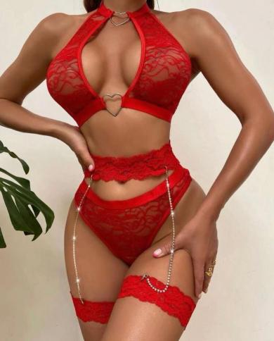 Ellolace Sensual Lingerie Transparent Underwear Set Love Lace 3 Pieces With Chain Garters Seamless Bra And Panties Sets 