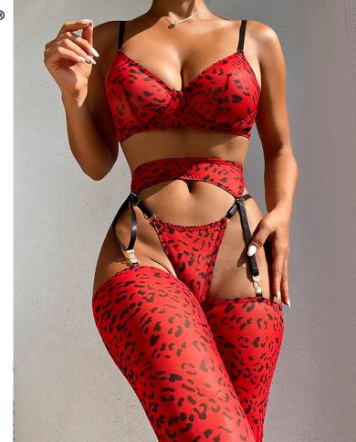 Ellolace Leopard Lingerie For Women Lace Set Of Underwear With Stockings 4pieces  Thongs Garter Fancy Matching Outfit  B