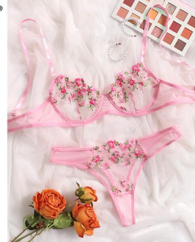 Ellolace Lingerie  Floral Embroidery Underwear Transparent Lace Short Skin Care Kits Delicate Fairy Set Woman 2 Pieces  