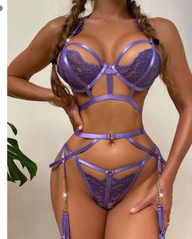 Ellolace Sensual Lingerie Exotic Costumes  Bottom Hollow Out Halter Bra 3piece Sissy Pornographic  Garments  Exotic Sets