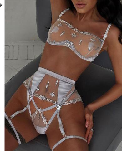 Ellolace Short Skin Care Kits Sensual Lingerie Sliver Embroidery Bra Lace  Set Woman 2 Pieces With Garters  Underwear  B