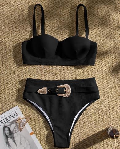  Belt Bikini Set Women Solid White Black Push Up Padded Underwire High Waist Swimsuit Beach Buckle Bathing Suit Swimwear