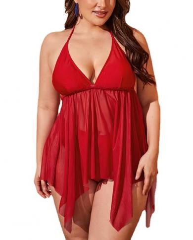 بيكيني أحمر كبير الحجم 2023 من قطعتين ملابس سباحة نسائية بفتحة رقبة على شكل حرف V بدون ظهر للشاطئ بدلة سباحة من الشاش ملابس سباح