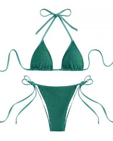 2023 Solid Color Bikini 2 Piece Swimsuit Women  Triangle Cup Suspender Beach Bathing Suit Low Waist Backless Swimwear Qj