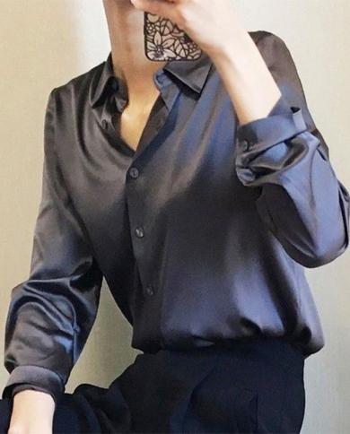 Office Lady Tops Loose Satin Shirt Women Elegant Long Sleeve Solid Silk Blouses Women Casual Button Shirts Female Clothi