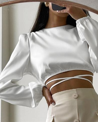 Solid Bandage Lace Crop Shirt Women 2022 Lantern Sleeve Vintage  Satin Blouse Elegant Loose Lady Tops Women Clothing 189