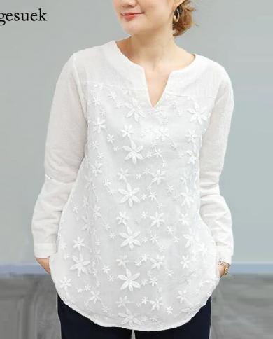 Lace Embroidered Flowers Womens Shirt Vintage Loose Long Sleeve Woman Blouses Ladies Tops Faahion V Neck Elegant Shirt