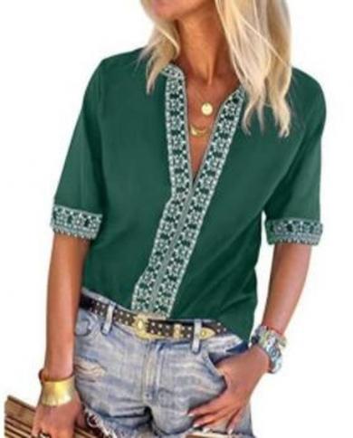 Summer Tops Womens Shirt Half Sleeve V Neck Green Blouse Fashion Pullover Embroidery Loose Woman Shirts Blusas De Mujer
