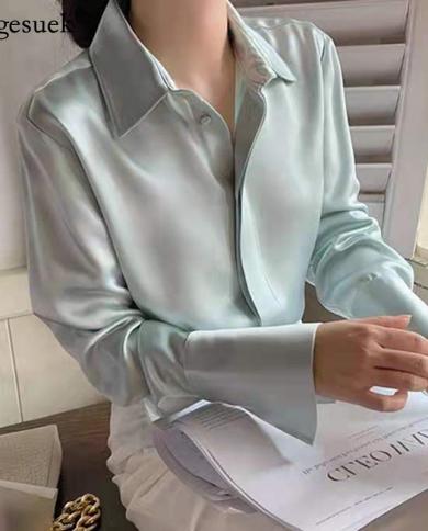 Spring Autumn New Long Sleeve Satin Shirt Women Fashion Silk Office Blouse Women Oversized Single Breasted Shirts Blusas