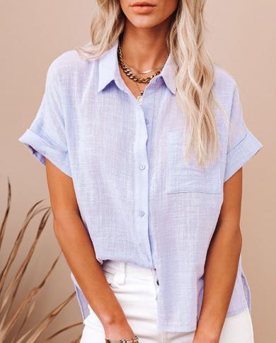 Cotton Loose White Blouse Women 2022 Button Up Short Sleeve Shirt Pocket Casual Summer Lady Tops Shirts Female Clothing 