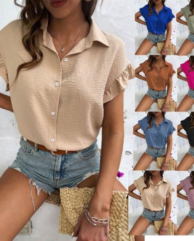 חולצת וינטג רפויה לנשים חולצות קיץ מנומרות אופנה כפתור קזואל חולצת נשים עם שרוולים קצרים חולצה מוצקה נשים blusas