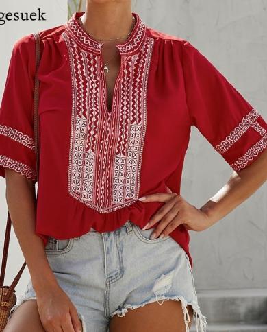 Loose Womens Shirt Vintage Stitching Embroidery Lace Blouses Women Casual Fashion 2022 V Neck Short Sleeve Top And Blou