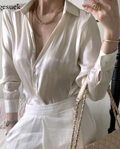 Autumn Fashion White Blouse Women Casual Long Sleeve Satin Top Female Vintage  Loose Button Up Shirts Women Blusas 11971