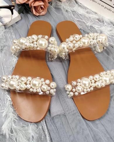 2022 New Fashion Pearl Sandals Summer Plus Size Flat Bottom Casual Beach Slippers Women Slippers Women Luxury Designer S
