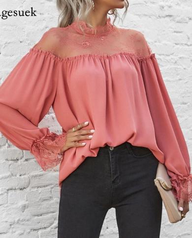 Elegant Slim Long Sleeve Womens Blouse Fashion 2022 Crochet Hollow Lace Shirt Woman Casual  White Shirts Tops Clothes 1