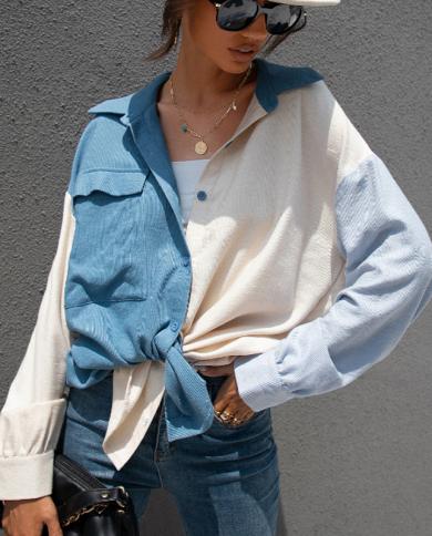 Vintage Loose Shirts Women Casual Button Patchwork Blouses Women Pocket Office Lady Shirt Elegant Blouse Autumn And Wint