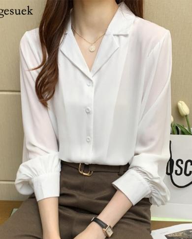 Fashion White Chiffon Blouse Women  New  Loose Notched Button Up Shirt Office Elegant Womens Tops And Blouses 11970blous