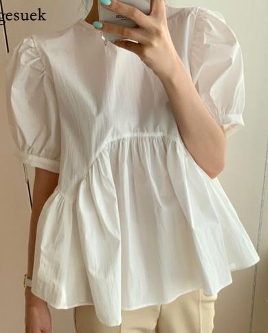  Oversized Loose Womens Shirt Summer New Back Bandage Cotton White Blouses Women Casual Pleated Office Lady Tops 15483b