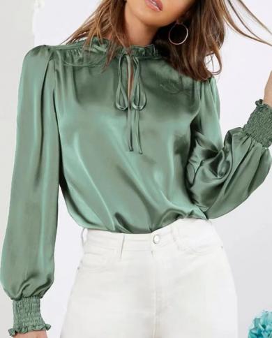Elegant Satin Women Blouse Solid Office Lady Lace Up Long Sleeve Silk Shirts Autumn Ruffled Neck Green Blouses Tops Blus