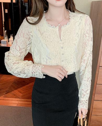 Long Sleeve Lace Patchwork Blouse Femme Summer O Neck Blusas White Shirt Women Button Hollow Out Flower Lace Loose Tops 