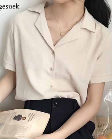  Vintage Short Sleeve Casual White Shirt Fashion V Neck Shirts For Women Solid Women Blouses Summer Blusas Mujer New 101