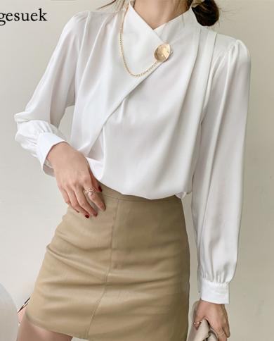 Office Ladies Puff Sleeve Stand Collar White Shirts Women  Elegant Chiffon Blouse Tops Women  Loose Office Shirt 13105bl