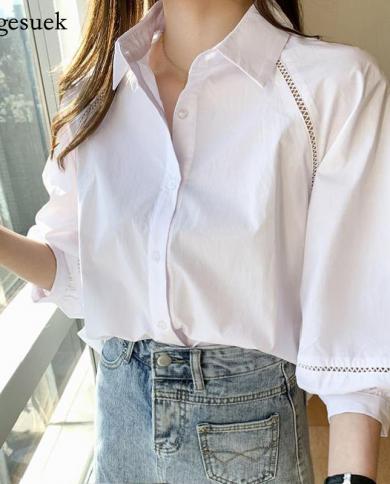 Oversized Loose Lantern Sleeve White Blouse  New  Cotton Fashion Hollow Woman Shirt Turn Down Collar Ladies Tops 15051sh