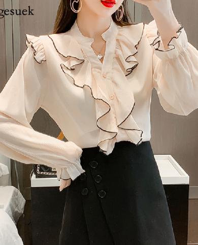 Spring Vintage V Neck Ruffled Blouses Loose Puff Sleeve Pleated Elegant Shirt Tops Long Sleeve Simple Stitching Shirts N