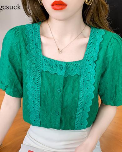 Vintage Square Collar Lace Shirt Women Summer Casual Loose Short Sleeve Green Women Blouse Slim Elegant Flower Ladies To