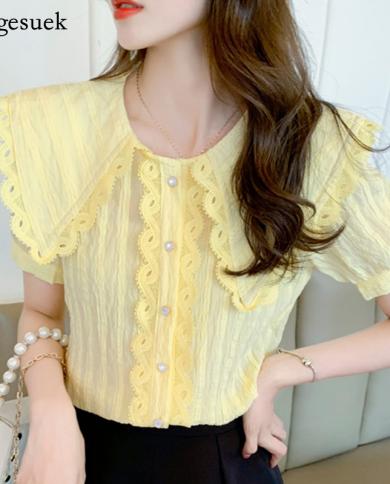 Elegant Doll Collar Lace Blouse Women Summer  Loose Chiffon Shirts Slim Short Sleeve Shirt  Sweet Oversized Tops 15219sh