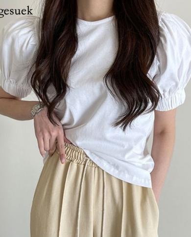  Fashion Puff Short Sleeve Summer Shirt Female O Neck White Cotton Blouses Women Casual Solid Loose Ladies Tops Blusas 1