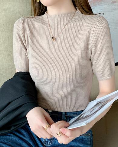 Solid O Neck Slim Knitted T Shirts Sweet Spring Summer Women T Shirt Fashion Short Sleeve Tops Casual Office Lady Knitwe