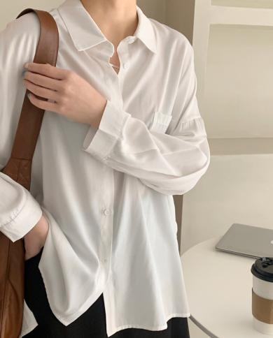 Autumn Loose Women Blouse Office Lady Clothes Cotton Side Button White Shirt Women Long Sleeve Casual Fashion Tops Femal